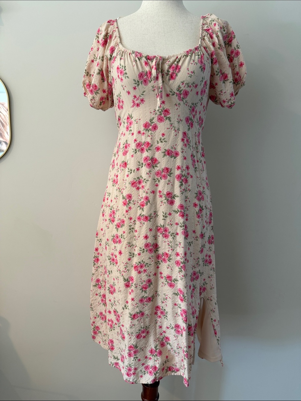 GB girls Cream Midi Dress with Pink Floral Print
